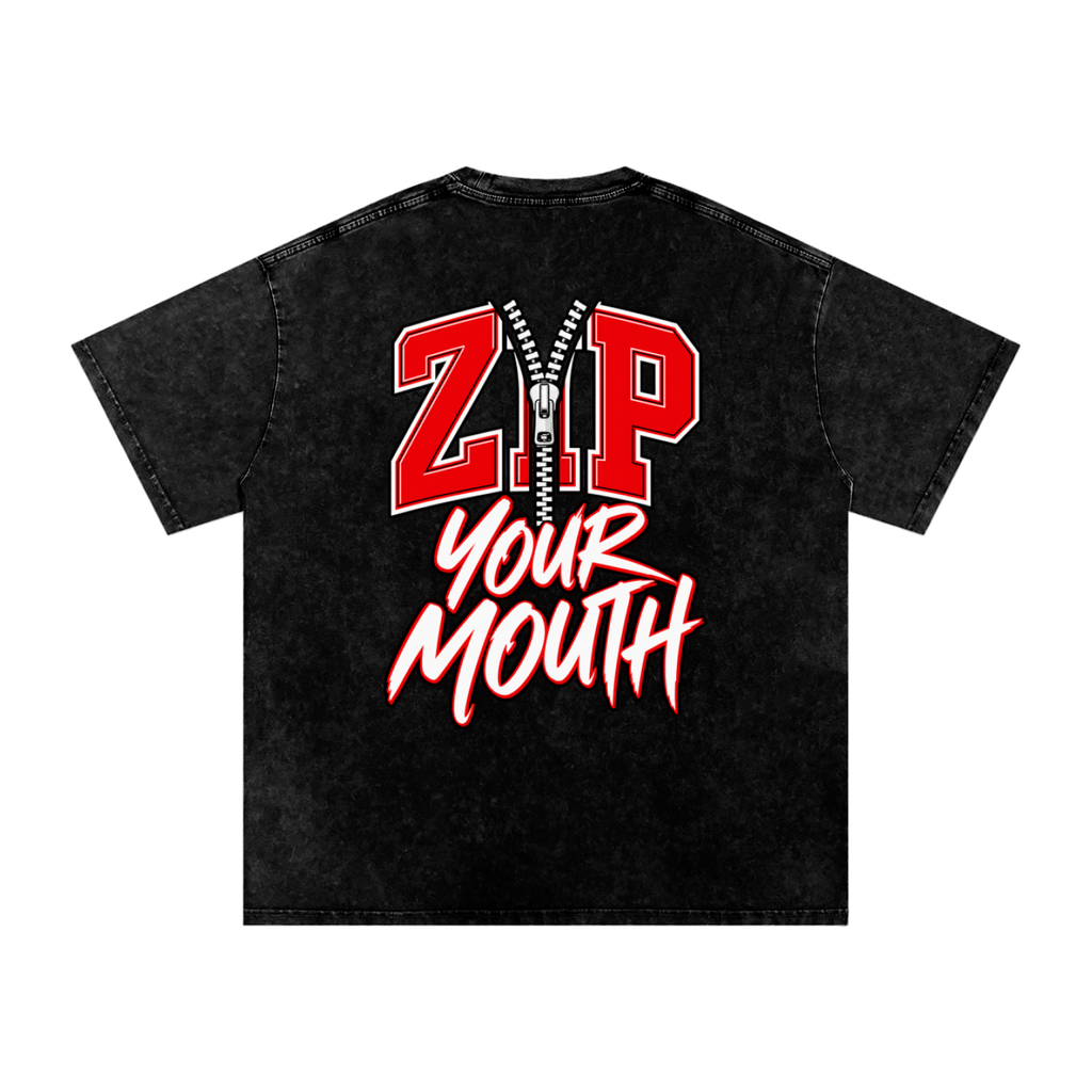 ZIP YOUR MOUTH Snow Washed Oversized Cotton T-Shirt