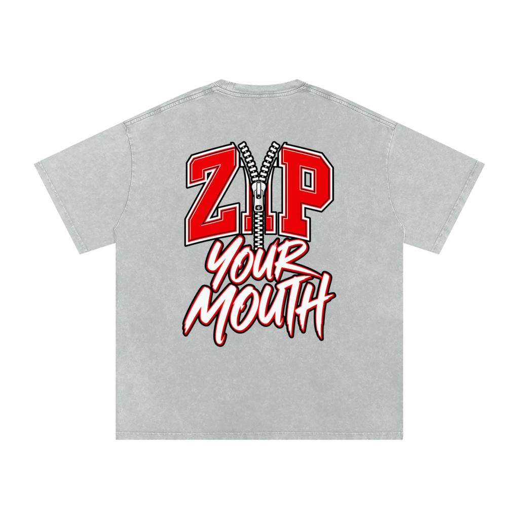 ZIP YOUR MOUTH Snow Washed Oversized Cotton T-Shirt